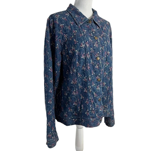 Leslie Fay Denim Shacket Floral Button Up Colorful Embroidery 100% Cotton Collar - Picture 2 of 13
